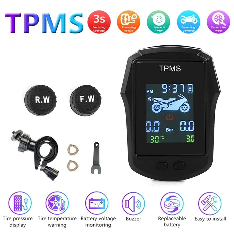

Motorcycle TPMS LCD Digital Tire Pressure Monitor System with Battery Voltage Monitor Time Display Tire Temp Warning