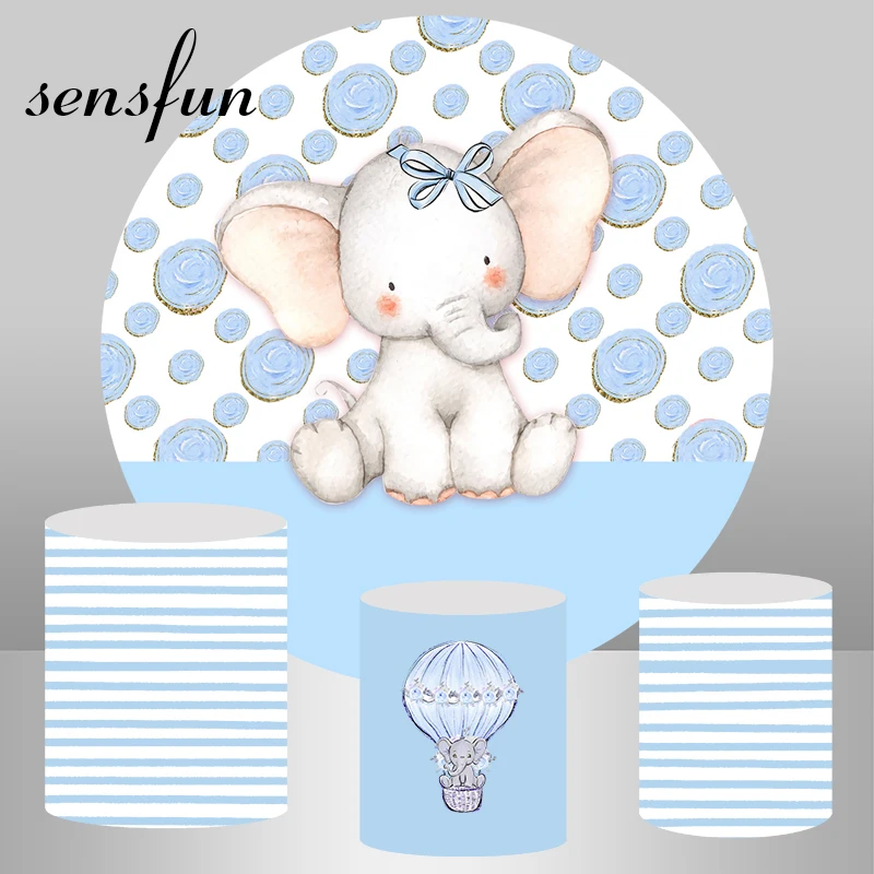 

Cute Elephant Baby Shower Newborn Round Backdrops Light Blue Boys 1st Birthday Party Circle Photography Backgrounds Plinth Cover