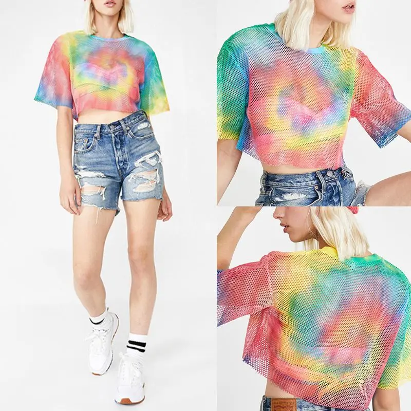 

Женская летняя футболка с коротким рукавом, с круглым вырезом, сексуальные ажурные сетчатые свободные топы, яркая прозрачная уличная одежд...