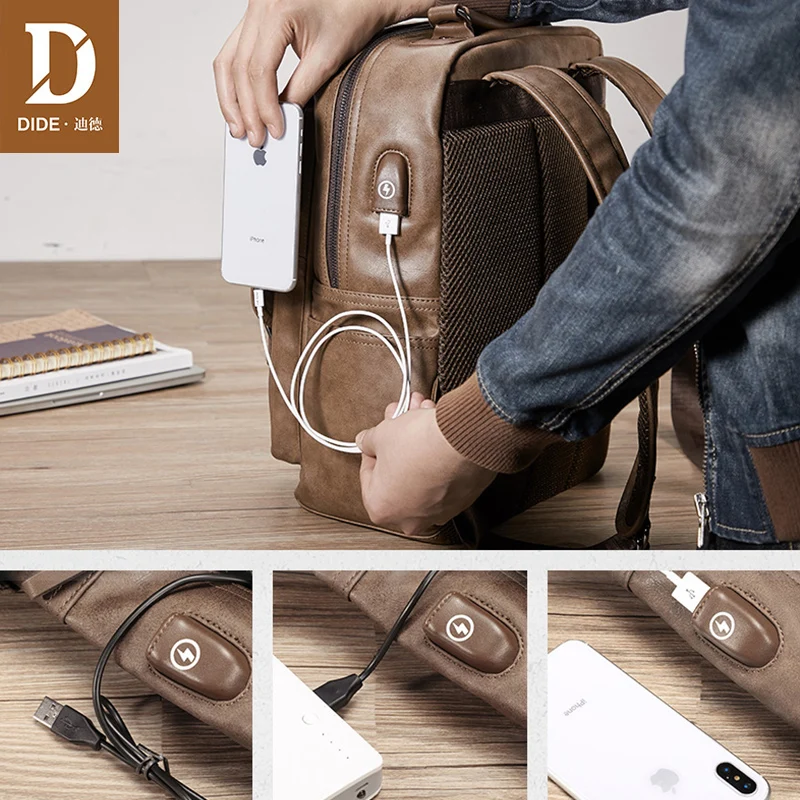 Мужской рюкзак для ноутбука DIDE с usb зарядным портом Mochila, винтажный повседневный рюкзак для путешествий, сумка для мужчин, школьный водонепроницаемый рюкзак 15 дюймов