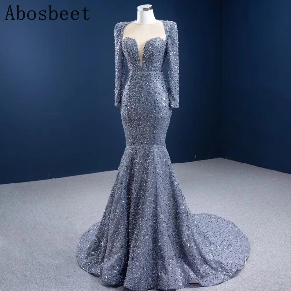 Grey Evening Dress Long Sleeve with Chapel Train Shining Beads Mermaid Evening Gown Formal Women Prom Party Gowns Lace Up Back