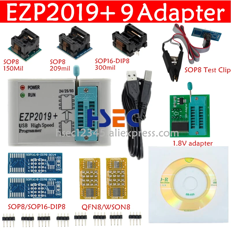 XRiicha EZP2019 высокоскоростной USB SPI программатор + 9 адаптеров SOP8 тестовый зажим sop8/16 1 8