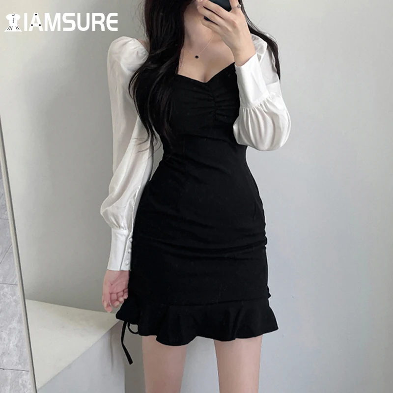 

IAMSURE Patchwork Ruffles Trumpet Dress Korean Style Sweet Slim Drawstring Mini Dresses For Women 2021 Elegant Fashion Casual