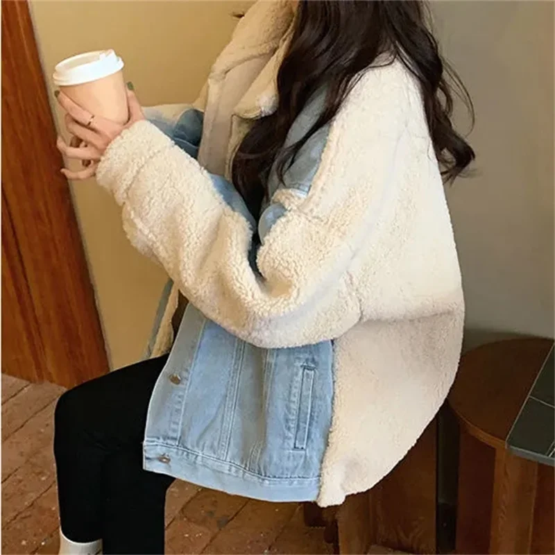 Женская джинсовая куртка из овечьей шерсти в стиле пэчворк повседневное плотное