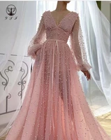 2020 best selling prom dresses pleated beaded pearls long sleeve a line floor length coral vestidos de formature