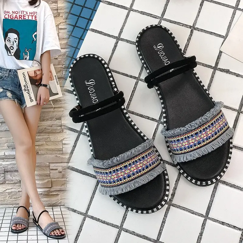 

2021 summer new shoes student sandals open toe flat fashion tassel slippers flat slippers for women sandals fashion shoes summer