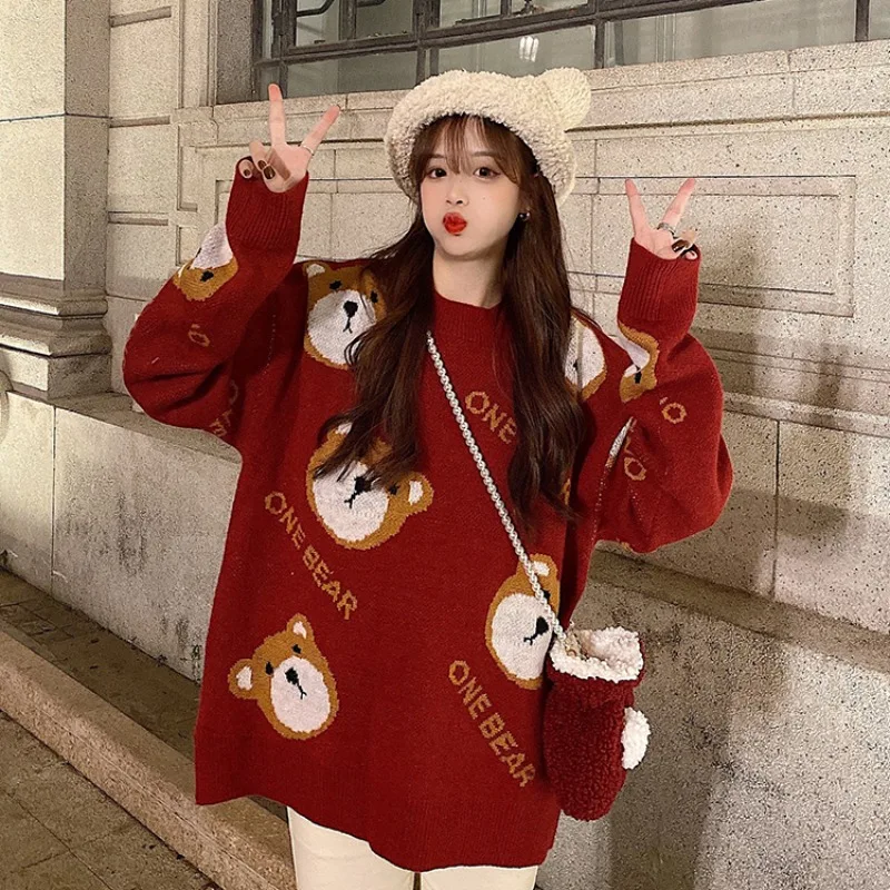 

New Year Sweater Women's New Retro Style Autumn and Winter Red Loose-Fitting Bear Lazy Style Long Sleeve Top Sweater