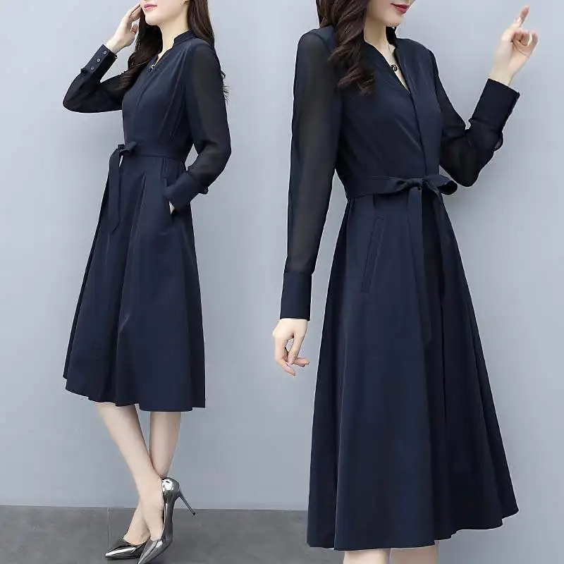 Шифоновое приталенное платье с V образным вырезом и длинным рукавом|Женские