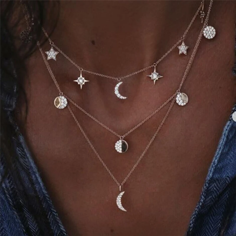 

Vintage Multi layered Crystal Moon Star Round Clavicle Pendant Necklace for Women Hip Hop Sweater Chain Charm Necklaces Jewelry