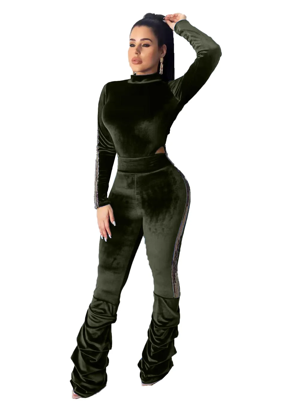 Velvet Tracksuit Warm Two Piece Set Sexy Long Sleeve Cut Out Bodysuit + Pencil Pants Matching Outfit 2019 Autumn Outfits |