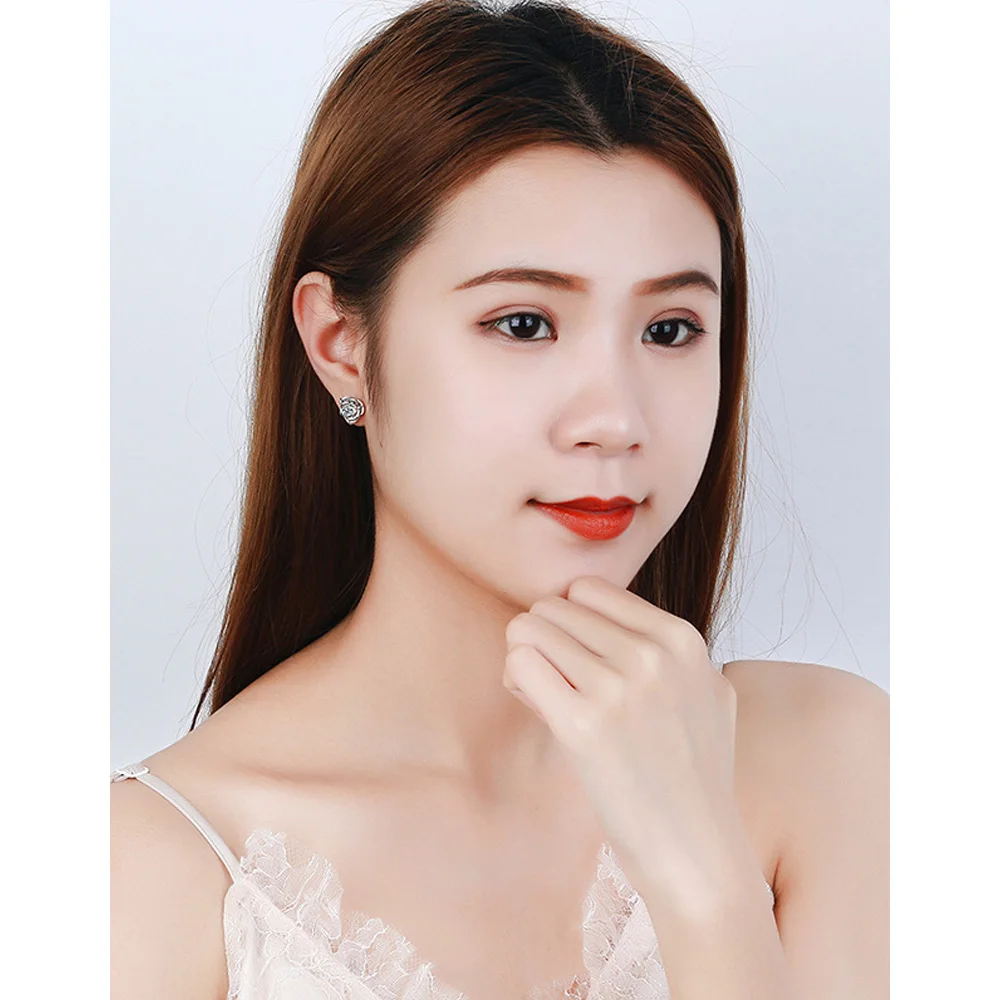 

Luxury 925 Sterling Silver Women Jewelry New Fashion Flower Earrings Rose Zircon Stud Earing Vintage Charm Girls Gifts