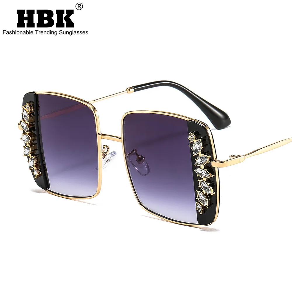 

HBK Diamond Square Sunglasses Flower Metal Women's 2021 New Luxury Brand Design Crystal Big Frame Sun Glasses UV400 Ladies