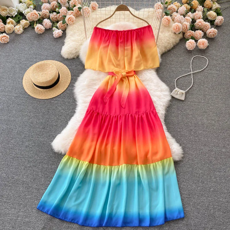 

Sexy Slash Neck Long Dress For Women Summer Beach Vacation Party Vestidos Elegant Ruffle Off Shoulder High Waist A-Line Robe New