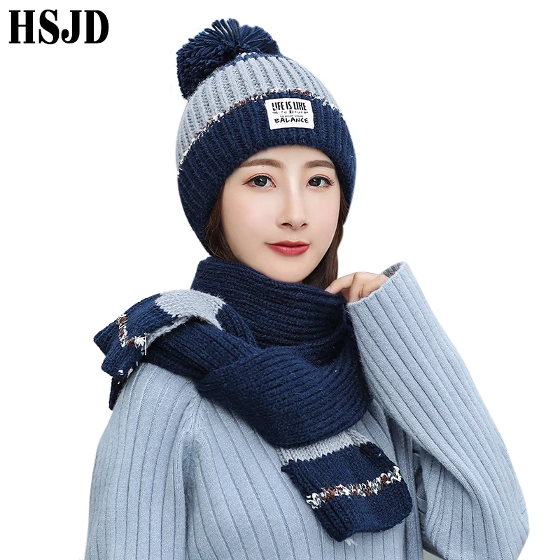 

2019 New Women Knitted Hat Scarf Set Brand Winter Cap Thickening Warm Knit Beanies Pompom Hats Female Two color Knit Bonnet Caps
