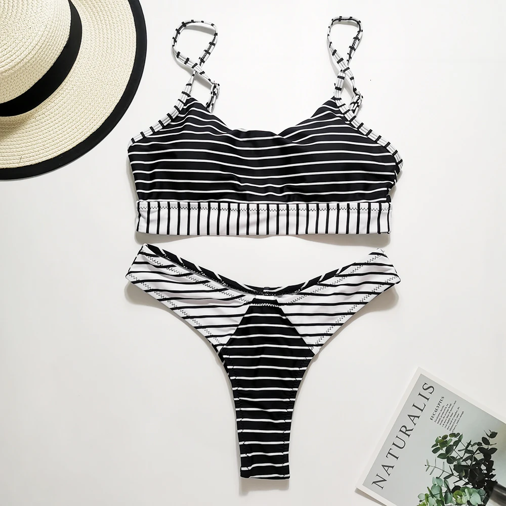 Черно-белое полосатое бикини сексуальный купальник с высоким вырезом женский