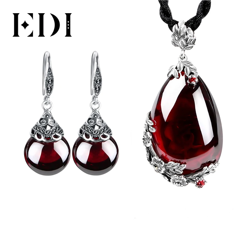 EDI Ретро цветок гранат кулон ожерелье и висячие серьги для женщин 100% Серебро 925