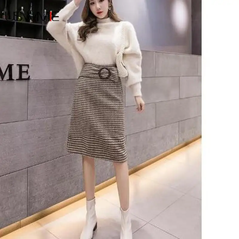 Skirts Women Pencil Khaki Winter New Fashion Streetwear High Waist Thousand Bird Color Matching Hip Plaid Comfort Woolen Skirt