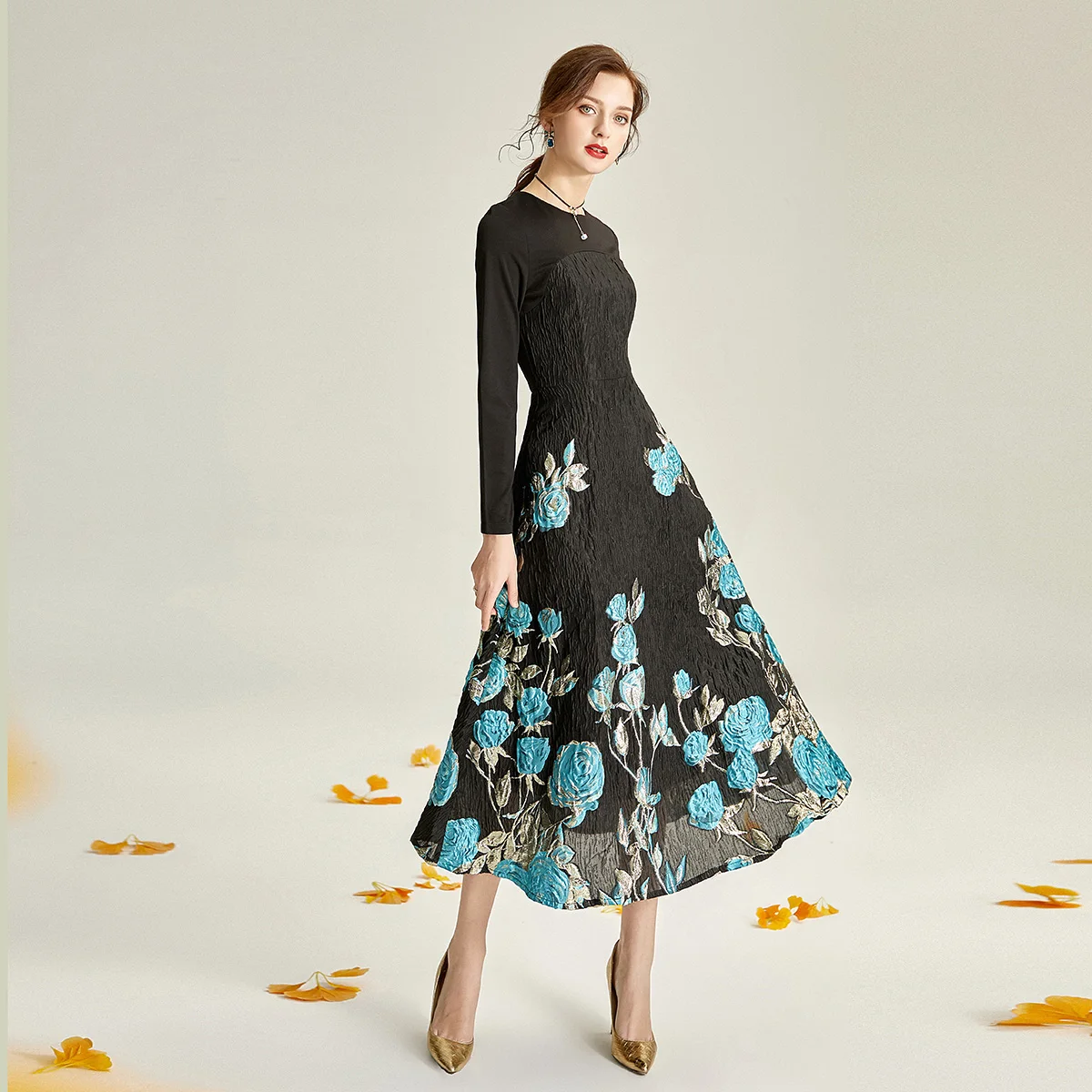 2021 Spring England Style Jacquard Dress Black Brocade Dress Women Long Sleeve Party Evening Clothing Mid-Calf Ball Gown