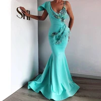 turquoise muslim evening dresses mermaid v neck appliques feather beaded dubai saudi arabic long evening gown prom dress
