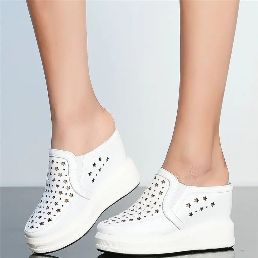 Summer Fashion Sneakers Women Genuine Leather Wedges High Heel Gladiator Sandals Female Hollow Round Toe Pumps Shoe Casual Shoes