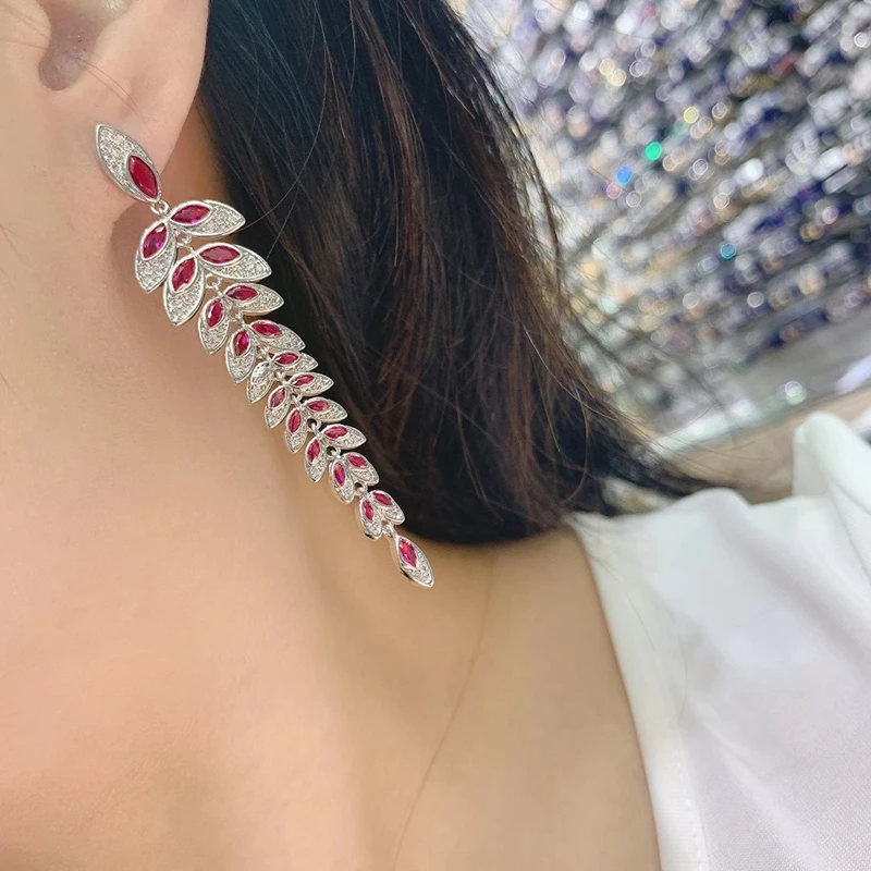 

Luxury red corundum, emerald diamond and gemstone earrings 210322-50