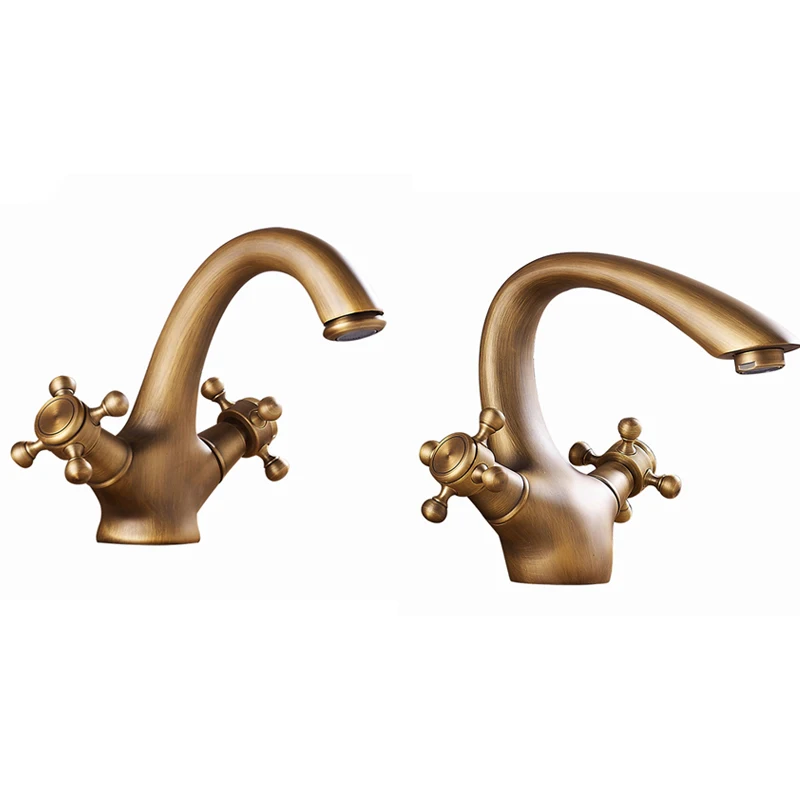 

Antique Faucet Hot and Cold Water Brass Bronze Brushed Sink Faucets Bathroom Vintage Basin Double Handle Mixer