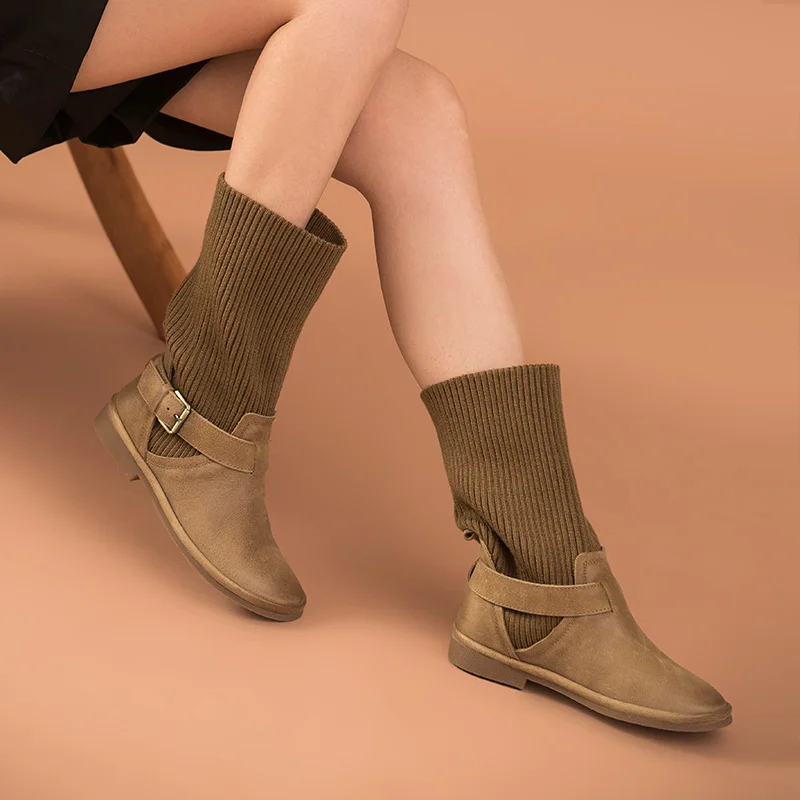 Ботинки женские до середины икры из натуральной коровьей кожи с круглым носком и