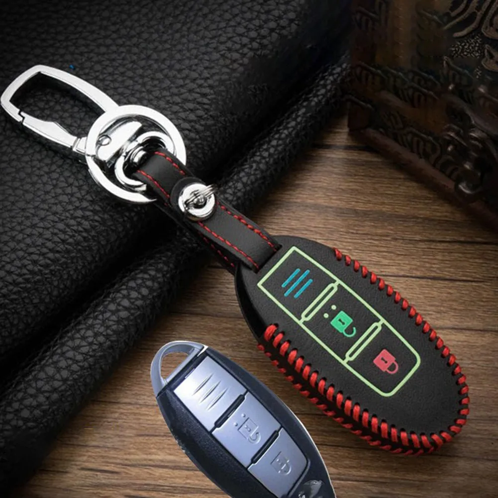 

Car Keychain Leather Remote Smart Key Case Fob Key Protection Cover Luminous Car Interior Accessories For Nissan Teana Qashqai