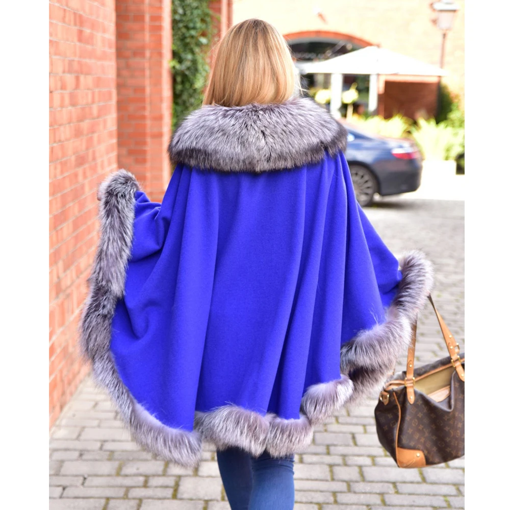 Fashion Royal Blue Natural Silver Fox Fur Wool Blends Capes Winter New Genuine Woman Real Fox Fur Cashmere Ponchos Plus Size