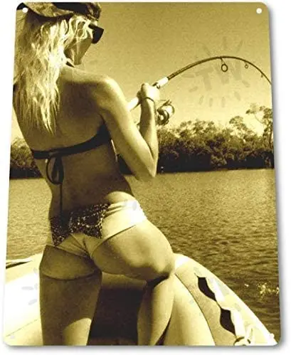 

WOOOOL Good Catch Pinup Girl Sexy Cowgirl Fishing Novelty Retro Vintage Wall TinRetro Sign Wall TinQuote Art Poster for Home
