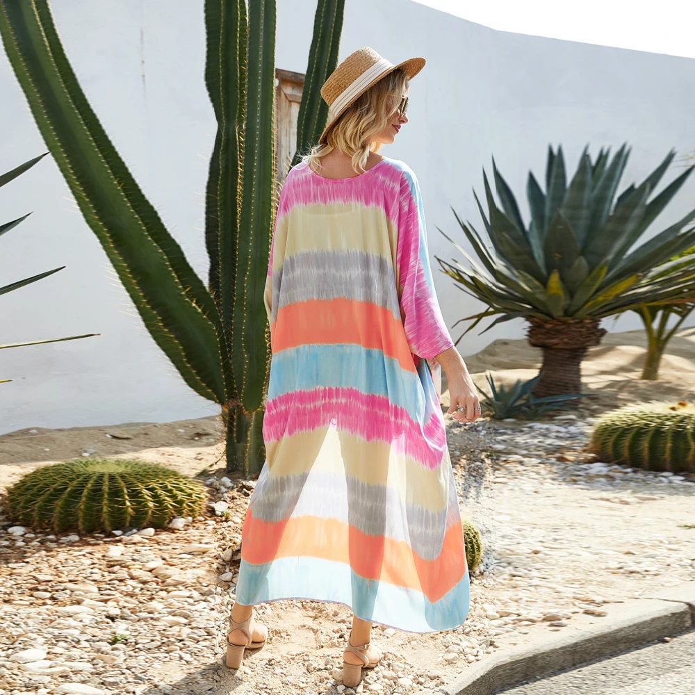 Summer Maxi Kimono New Trend Tie-Dye Striped Duster Cotton Rainbow Coat Casual Breezy Swimwear Coverup Women Vigorous Cardigans |