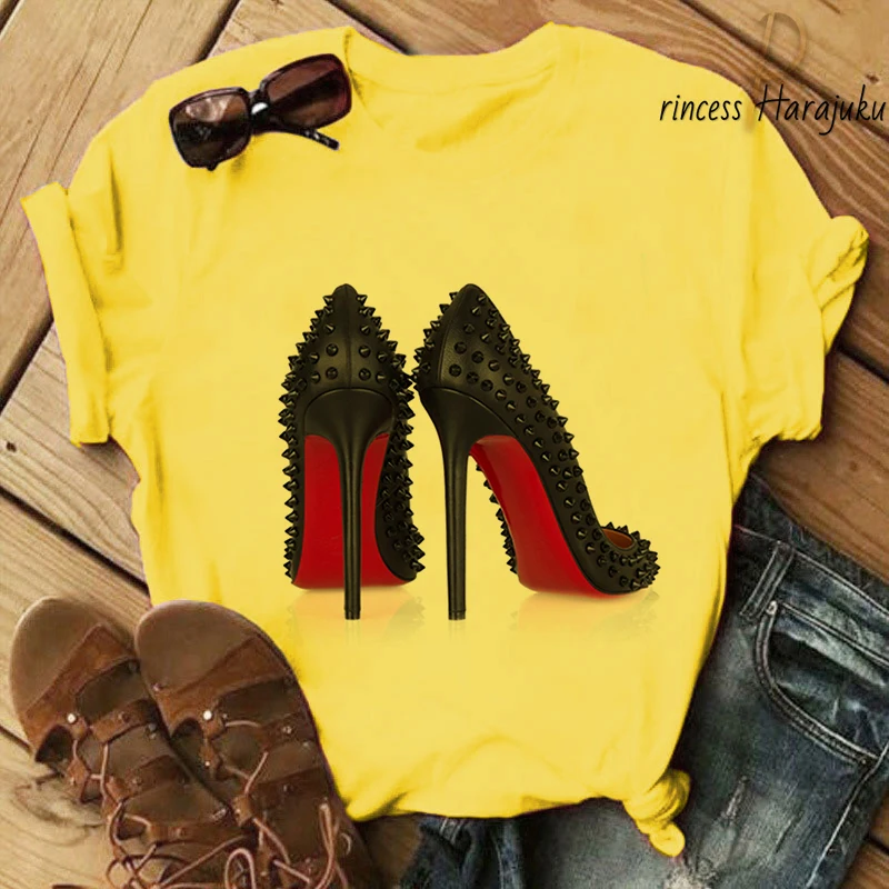 Футболка женская летняя с акварельным принтом на высоком каблуке в стиле 90