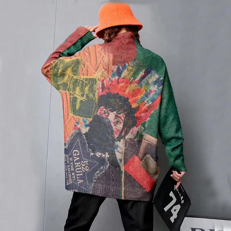 

Women Turtleneck Sweater Autumn Winter Vintage 2020 Imitated Mink Wool Personality Print Oversized Knitted Pullovers Warm