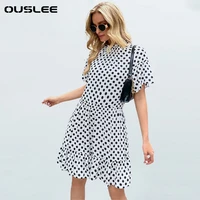 ouslee bohemian style polka dot mini dress women vintage printed short sleeve sundress 2021 summer beach short vestidos
