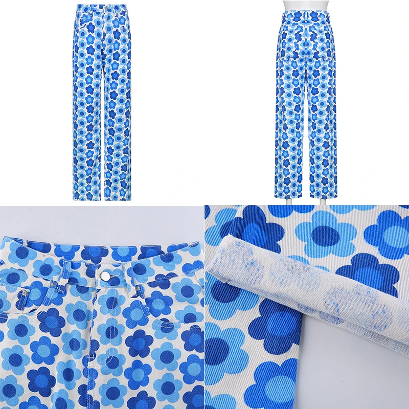 

Stylish Floral Print Straight Jeans Female 2021 Fashion Chic Boyfriends High Waisted Denim Pants For Women Capris Streetwear