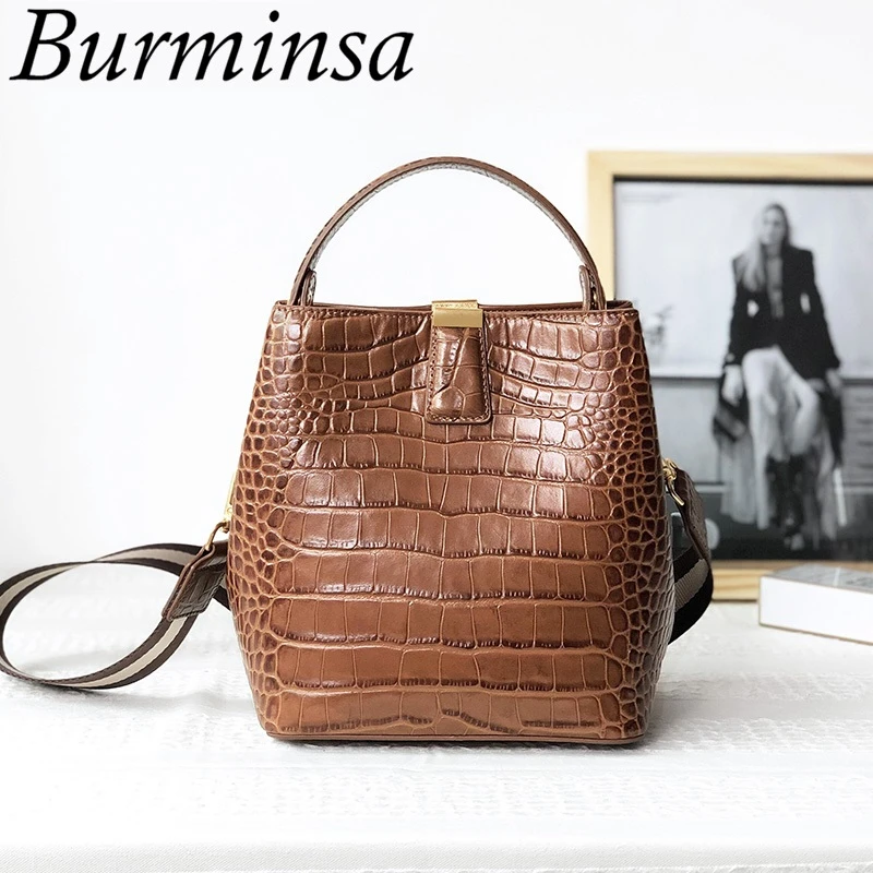 

Crocodile Pattern Genuine Leather Bucket Top Handle Bags For Women Wide Strap Design High Quality Ladies Shoulder Crossbody Bags