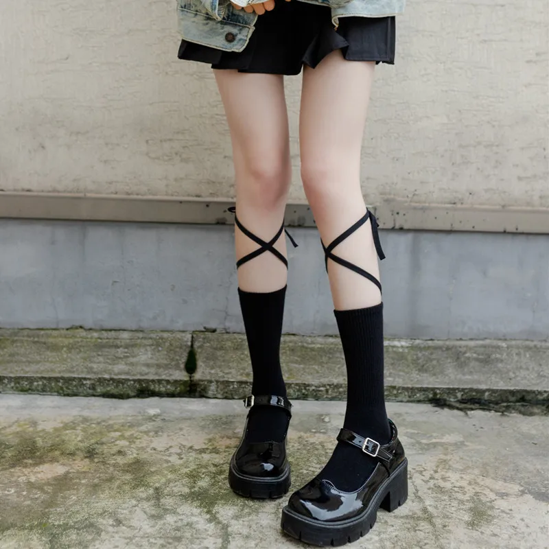 

Однотонные носки для ног, женские носки с перекрестными завязками, чулки на шнуровке для ног в стиле "Лолита", женские хлопковые чулки до бед...