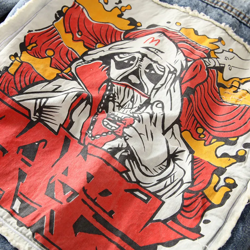 

Fashion Streetwear Men Jeans Retro Blue Patches Designer Denim Jacket Men Punk Style Coats Skull Printed Hip Hop Jacket Hombre