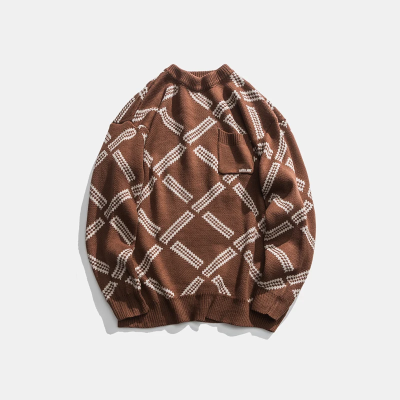 Мужской свитер в стиле ретро с узором виде Аргайл большой размер хип-хоп уличная