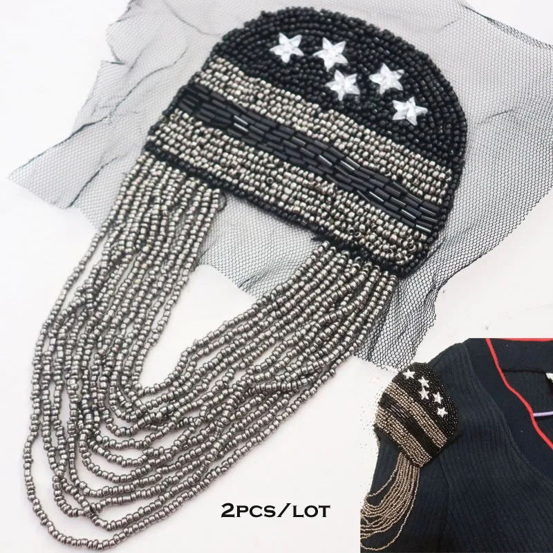 2 шт./компл. черного цвета с бахромой из бисера вышивка золотой нитью для одежды в