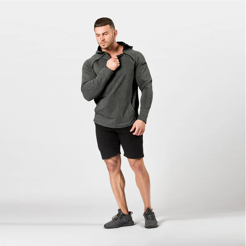 

2020 autumn new solid color neckline shoulder zippered large pocket design men's long sleeve hoodie