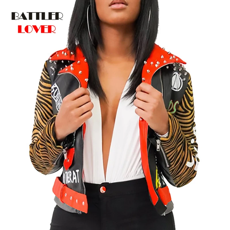 

Women Studded Leather Jacket Casual Fashion Embroiderry Coat for Female Rivet Steampunk Hip Hop Cool Slim Short Biker Jacket