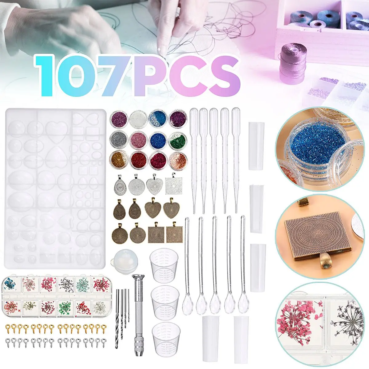 

107pcs/set DIY Jewelry Craft Making Tools Set Silicone Casting Molds Stick Dropper Clasp Earring Pendant UV Epoxy Resin Mould