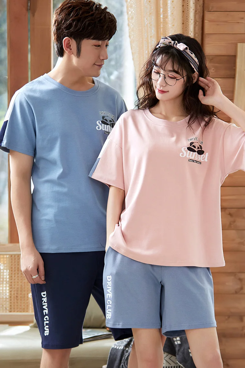

Men's Short-sleeved Kawaii Red Panda Letters 3XL Home Wear Summer Couple Pajamas Ladies Sleepwear Simple Casual Loose Large Size