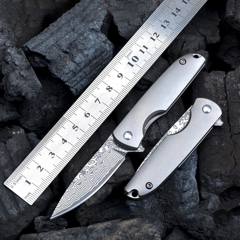 

Damascus Steel Paper Cutter Titanium Alloy Mini Folding Knife Outdoor Portable Keychain