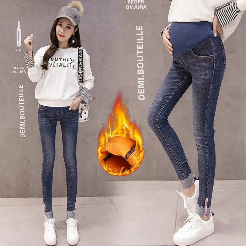 Теплые узкие джинсы для беременных бархатные плотные брюки-карандаш зимняя