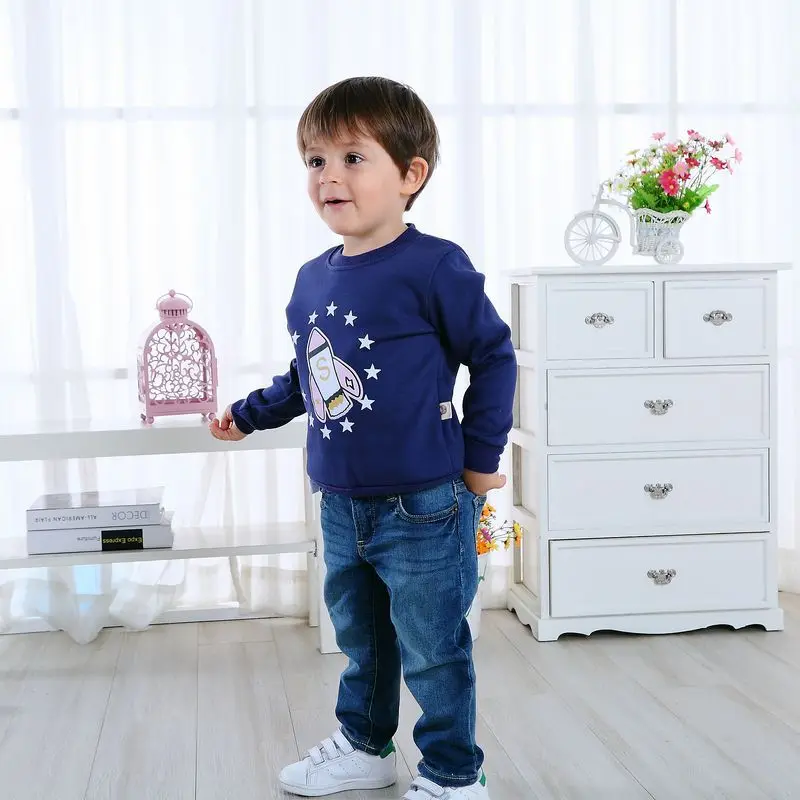 Осенняя Вельветовая Толстовка с длинным рукавом для мальчиков темно синяя