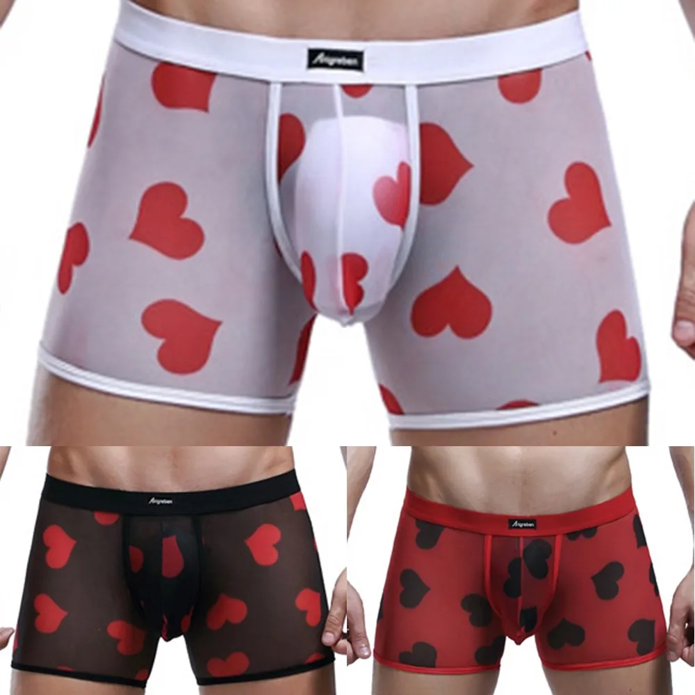 

2021 New Men's Sexy Transparent Boxer Breathable Comfortable Mesh Peach Heart Panties Shorts U Convex Pouch T Back Micro Thongs