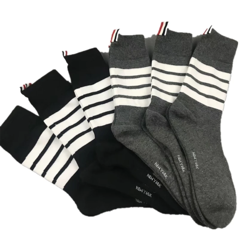 

2021 Fashion TB Brand Men Women Cotton Striped Casual Crew Hip Hop Medium Socks Ins 6 Pairs