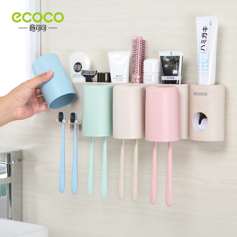 Настенный держатель для зубных щеток ECOCO из пшеничной соломы 2/3/4 чашек семейный